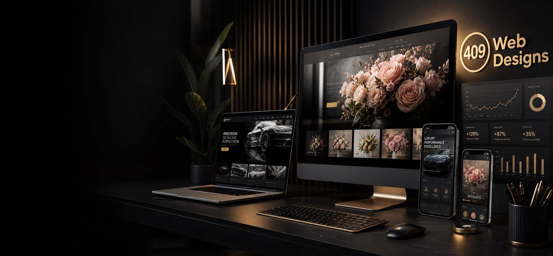 Modern web design studio setup showing polished small business website mockups